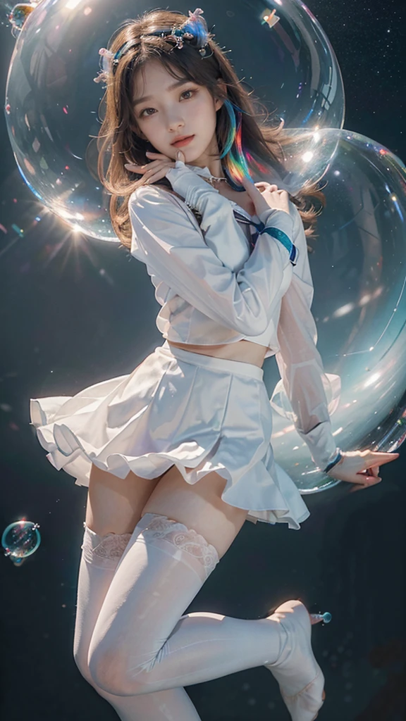 (masterpiece), (best quality), (official art, extremely detailed CG unity 8k wallpaper), (highly detailed), ((absurdres)), 1girl, mid shot, (exquisite facial features),(serafuku:1.3) ((sfw)),((clear hands)), ((white thighhighs without shoes)),aqua eyes, color contact lenses, stars in the eyes, (((colorful bubble))), colourful glass, (album cover)