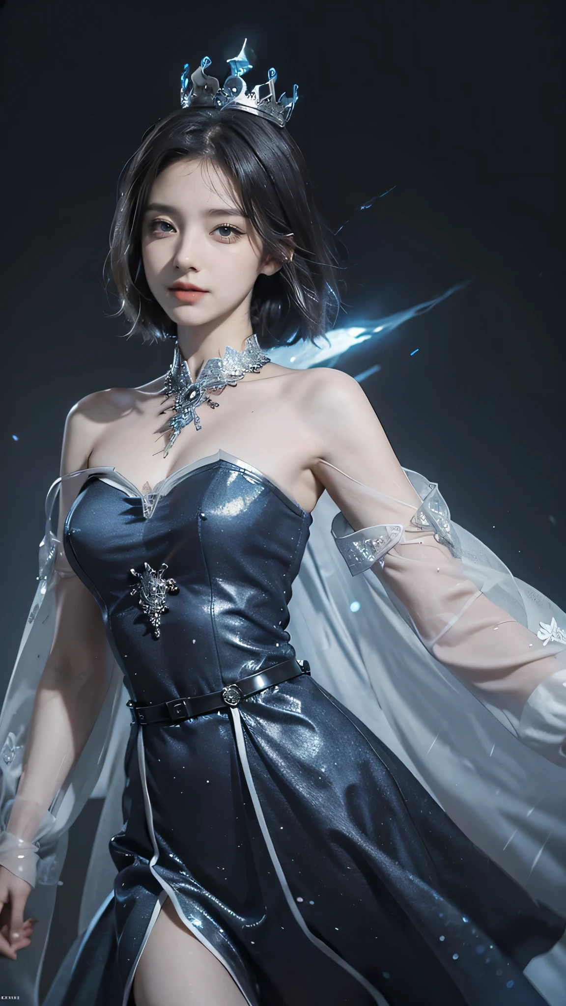 night, ((1 girl)), alone, masterpiece, 8k wallpaper, highres, absurdres, high quality background, short hair, black hair, multicolor hair, beautiful frozen village, (full bright moon), blue dress, detailed dress, jewelry dress, (magic:1.2), blue fire, blue eyes, glowing eyes, fire, ice goddess, (blue detailed beautiful crown), electricity, blue electricity, blue light particles