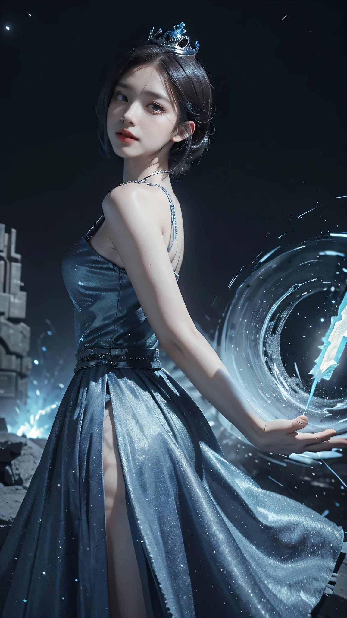 night, ((1 girl)), alone, masterpiece, 8k wallpaper, highres, absurdres, high quality background, short hair, black hair, multicolor hair, beautiful frozen village, (full bright moon), blue dress, detailed dress, jewelry dress, (magic:1.2), blue fire, blue eyes, glowing eyes, fire, ice goddess, (blue detailed beautiful crown), electricity, blue electricity, blue light particles