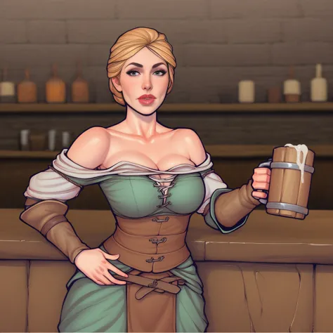 medieval fantasy, bar background, female innkeeper behind bar, holding a mug filled to the brim of ale