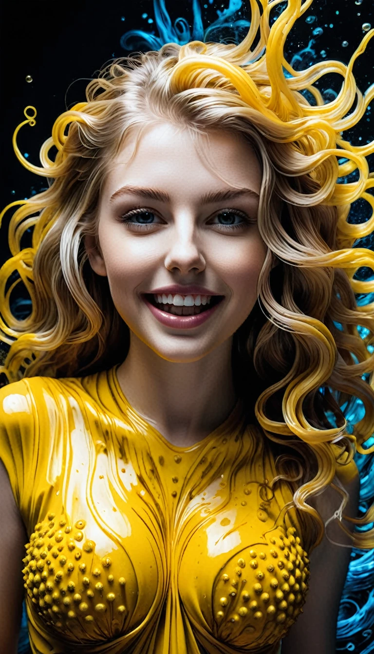 (THE MOST BEAUTIFUL GIRL IN THE WORLD), (AGE 14 YO), (LARGE BREASTS CAN NOT BE VIEWED BY VIEWER), (CLEAVAGE),(CUTE SMILE LIPS PARTIALLY OPEN SEE TEETH), A model, hyper realistic faces, goddess, she is wearing a beautiful long flowing vivid YELLOW dress made entirely of YELLOW Sea urchins and anemone tentacles,(VIEW FROM WAIST UP), (EXTREMELY LONG FLOWING BLONDE HAIR),highly detailed portrait photography with depth of field, full body swirling ink ink art ral-exposure, subsurface scattering, Photorealistic, Hyperrealistic, analog style, realistic, film photography, soft lighting, heavy shadow