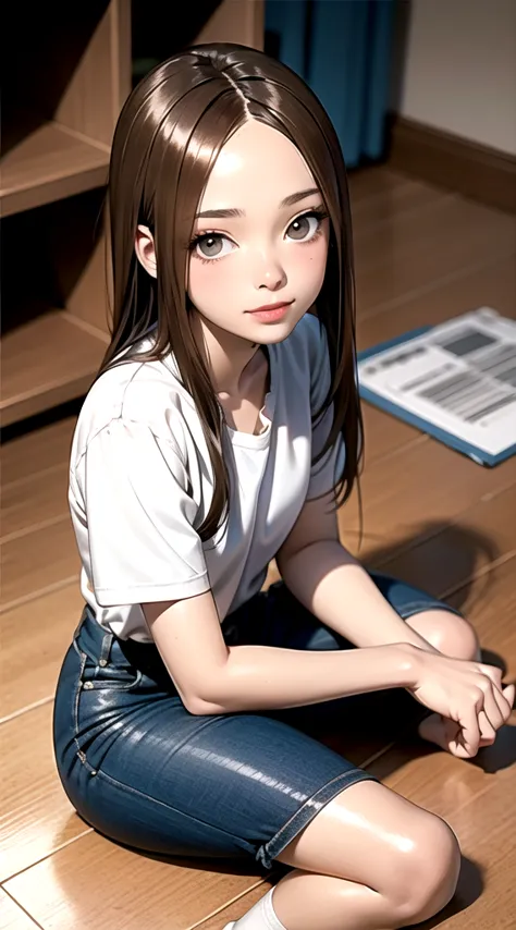 indoor, bedroom, ((w-shaped sitting on the floor)), , long hair, brown hair, brown eyes, (perfect skin, realistic skin), qingfu,...