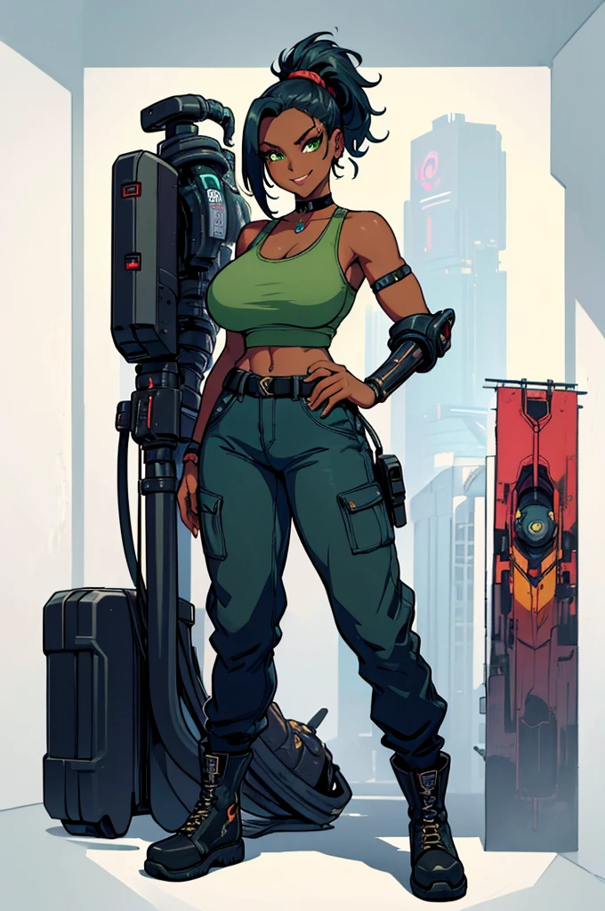 (masterpiece, best quality, high resolution, (huge breasts)) 1 beautiful woman, (((dark skin))) dark blue hair tied in a ponytail,, green eyes, sivernetic arms cyberpunk style, tank top, choker, cyberpunk style wide pants, boots, smile(white background, Stickers.Redmond ), ((full body standing)),
