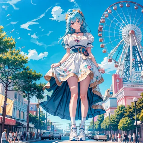 masterpiece　　unreal engine　anime style　delicate painting　4k　90's　giant　crowd　 　amusement park　to　amusement parkに立っている巨大な女の子　ferr...