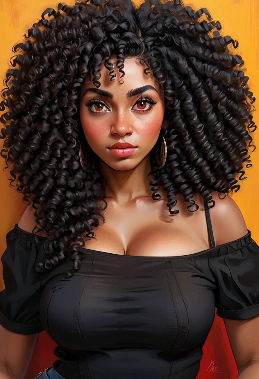 (masterpiece:1.2), (best quality), (ultra detailed), (8k, 4k, intricate),(half-body-shot:1), (highly detailed:1.2),(detailed background:1.2),((big breasts)),((frizzy Afro hair), An photo of a curvy black woman with a black off shoulder shirt and curly hair, red eyes, curly bangs, curly middle part haircut, black curly hair, curly afro, long wild black curly hair, curly haired, black long curly hair, curly black hair, long black curly hair, her face framed with curls, short black curly hair, curly, profile image, curly hair, with afro