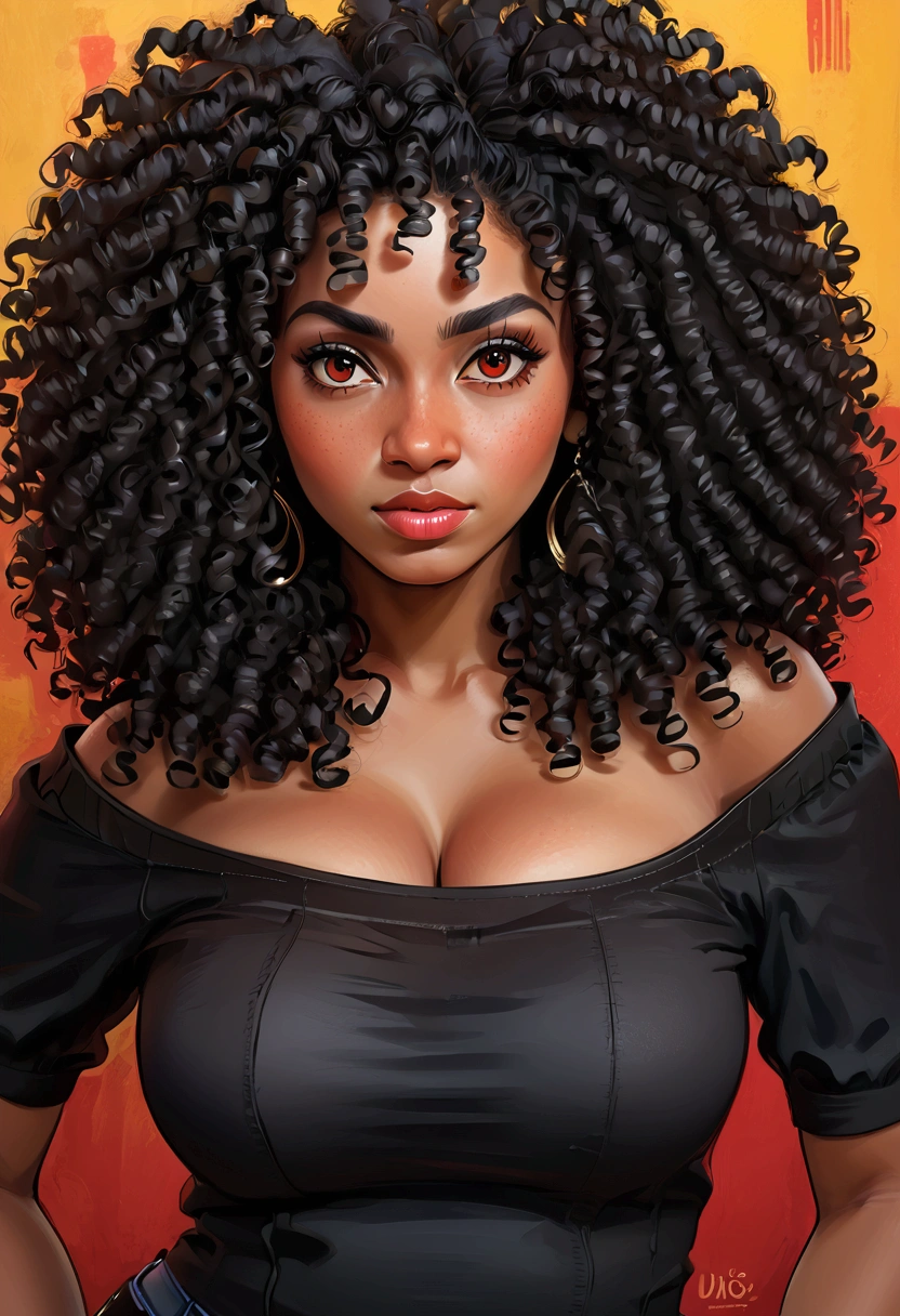 (masterpiece:1.2), (best quality), (ultra detailed), (8k, 4k, intricate),(half-body-shot:1), (highly detailed:1.2),(detailed background:1.2),((big breasts)),((frizzy Afro hair), An photo of a curvy black woman with a black off shoulder shirt and curly hair, red eyes, curly bangs, curly middle part haircut, black curly hair, curly afro, long wild black curly hair, curly haired, black long curly hair, curly black hair, long black curly hair, her face framed with curls, short black curly hair, curly, profile image, curly hair, with afro