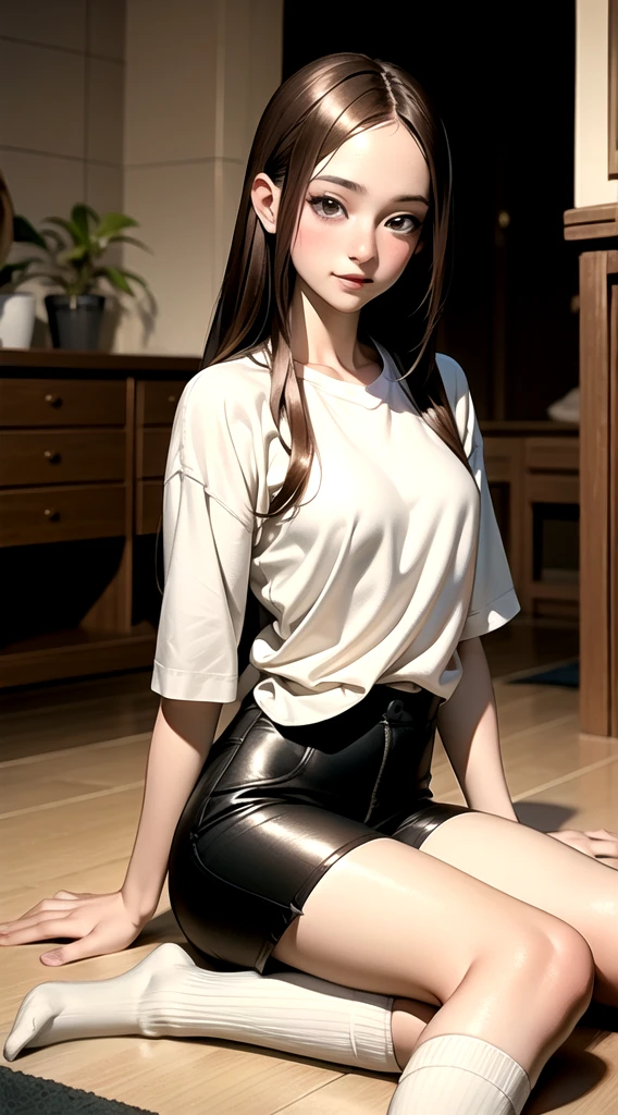 indoor, bedroom, ((W-shaped sitting on the floor)), , Long hair, Brown hair, Brown eyes, (Perfect skin, Realistic skin), Qingfu, White shirt, White socks, White, Exquisite fabric highlights, Sexy:1.1, Smile, blush:1.2,  Takagi Sensei First Style, (masterpiece:1.4, best quality:1.4, Intricate details, high resolution, 8K, 4K, Ultra HD, Ultra Detailed 8K CG, 超high resolution, High quality textures, High quality shadows, Human Development Report), Not suitable for working hours