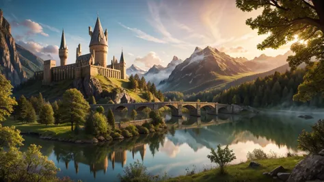 masterpiece,Highest quality,Realistic illustrations,Classic,Fantasy,mysterious,Fantasy,Hogwarts Castle,Morning Glow,Trees around...