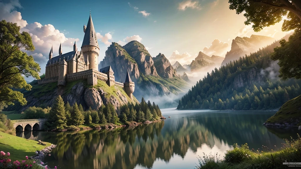 obra maestra,de la máxima calidad,Ilustraciones realistas,CLÁSICO,fantasía,misterioso,fantasía,castillo de hogwarts,resplandor de la mañana,árboles alrededor,El brumoso «Mundo Mágico de Harry Potter»