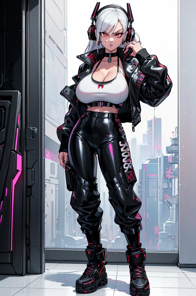 (masterpiece, best quality, high resolution, ((huge breasts)) 1 girl, long white hair, black tank top, black cyberpunk style latex pants, black cyberpunk style jacket, choker, earrings, bracelets, headphones great cyberpunk style in. head,(,white background, Stickers.Redmond ), ((full body standing)),
