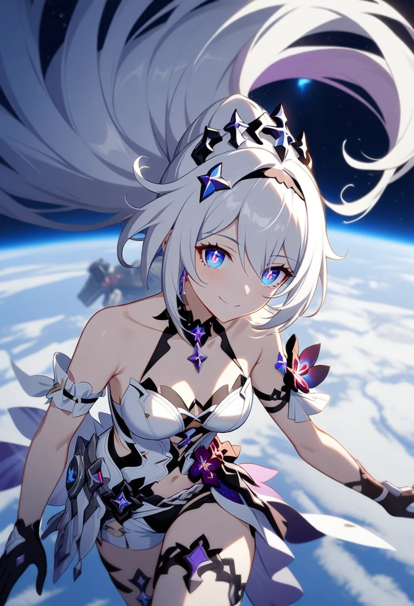 1girl, Kiana Kaslana \(Herrscher of Finality), Honkai Impact 3rd, ponytail, smile, extremely detailed eyes, moon base, earth, outer space