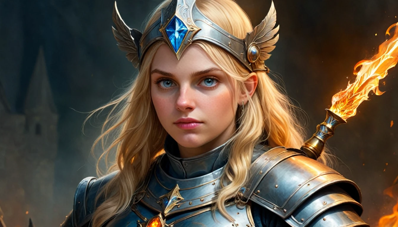 Highly detailed, UHD, 32k, medieval fantasy, heavy metal magazine cover, oil on canvas. a 21 years old blond human female chubby villager, she is not beautiful, her face is dull and plain, she is clad in a bluish metal shining plate armor, on her head she is wearing a blackish metal helmet with orange accents, and in her right hand she is holding a magical staff. At the top of the staff there is a magical crystal that emits flames. Behind her is the army of her kingdom, ready for battle