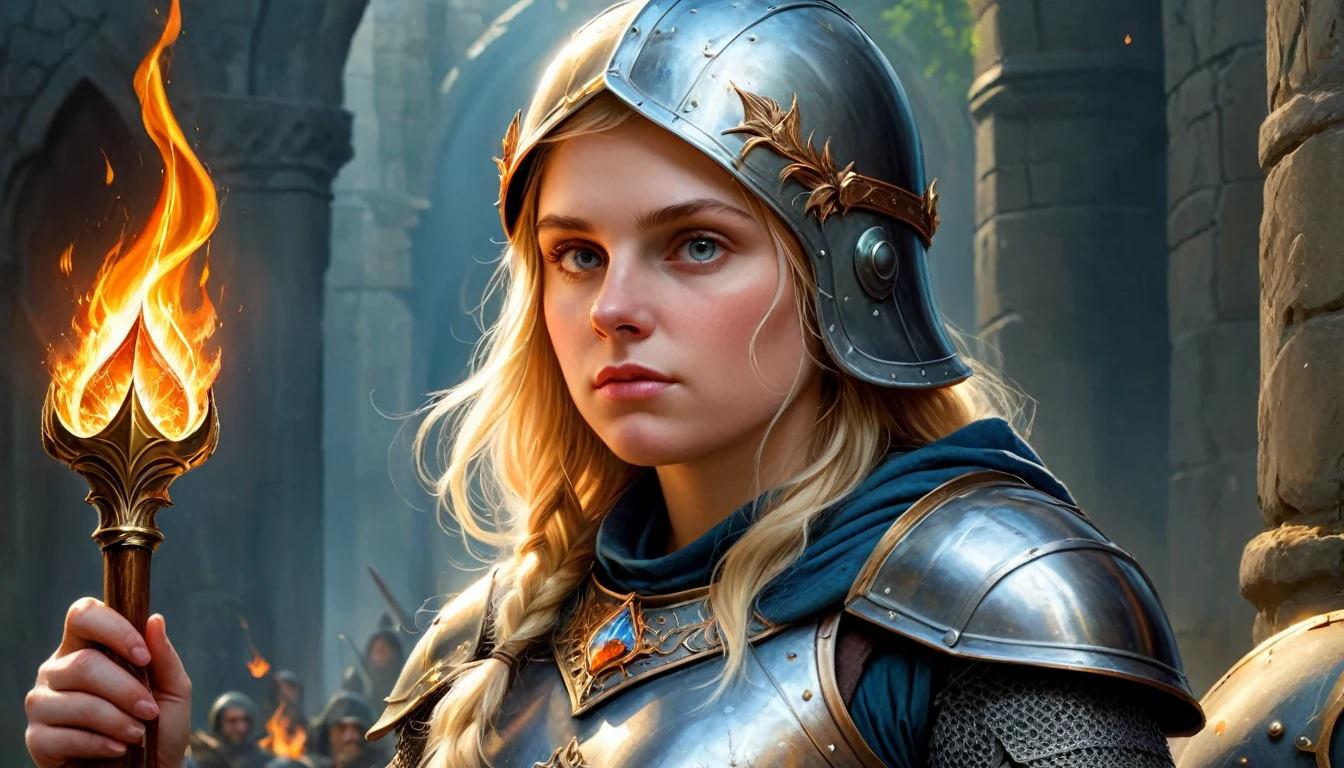 Highly detailed, UHD, 32k, medieval fantasy, heavy metal magazine cover, oil on canvas. a 21 years old blond human female chubby villager, she is not beautiful, her face is dull and plain, she is clad in a bluish metal shining plate armor, on her head she is wearing a blackish metal helmet with orange accents, and in her right hand she is holding a magical staff. At the top of the staff there is a magical crystal that emits flames. Behind her is the army of her kingdom, ready for battle