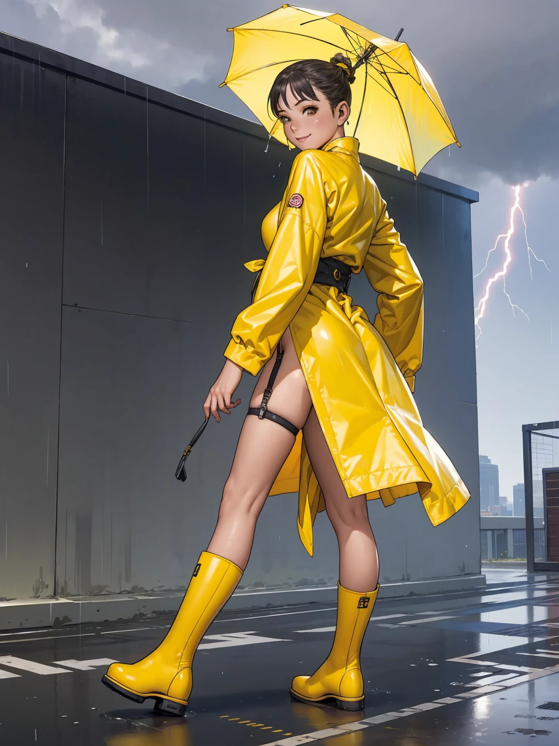 Fille d&#39;un manga shonen, fort et déterminé, sourire au coin des lèvres, vêtements scandaleux, maillot de bain futuriste à fines rayures verticales, col montant, imperméable jaune, tout mouillé, marcher sur le toit d&#39;un immeuble, la foudre coupe le ciel un jour de pluie, bâtiments futuristes en arrière-plan, Des panneaux néon illuminent votre corps par derrière, corps de remise en forme parfait, cuisses nues, longue jarretière en ruban, chaussettes hautes et bottes de pluie, scène sensuelle, visuel époustouflant 