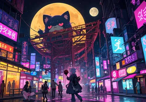 "Abandoned kawaii theme park at midnight. Pastel Ferris wheel silhouette against full moon. Flickering soft neon lights. Heart-s...