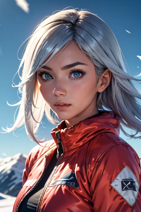 one girl, summit, silver hair tousled by the wind, 雪のsummitを映す目, alpine costume, snowstorm all around, with ice crystals, master...