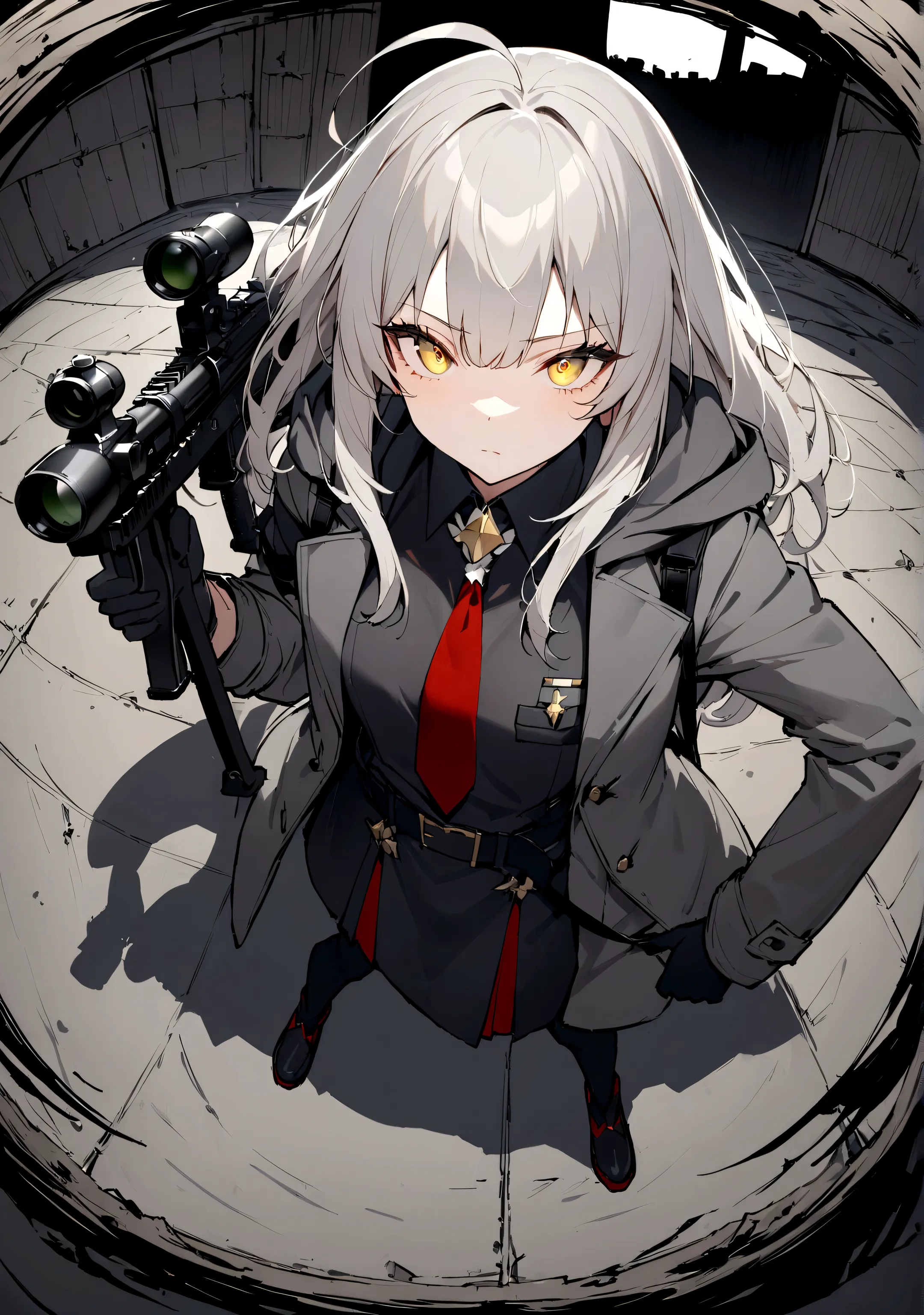 gun on shoulder、(masterpiece, best quality:1.2), 1girl, solo,black military uniform、looking through the scope、point your gun at ...