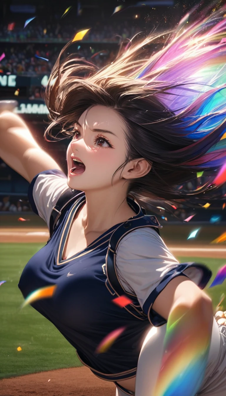 Highest quality, Highest quality, 16K, Unbelievably absurd, Very detailed, delicate and dynamic, Natural light, The particles reflect the rainbow colors, Diffuse reflection of light, Vortex of Light, Lots of rainbow-colored confetti falling, beautiful baseball field, Shining Sun, グラウンドにDiffuse reflection of light, Create amazing image effects, Upper body close-up, (Cute sexy girl, Firm bust, Dynamic, Warm, Passionate, Severe, Vibrant, baseball player, pitcher, pitching, Tifa Lockhart Final Fantasy VII)