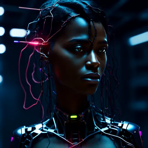 armor, black girl, stunning black woman, black long straight hair, woman with wires on her face and body, indoors, dark room, cy...