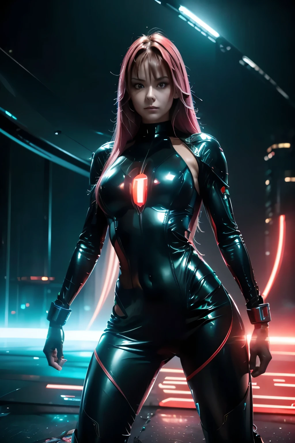 Create a visually stunning and action-packed image of a sexy female warrior from the video "Colony Defenders." She should be captured in an intense combat pose, wielding a laser weapon or preparing for a hand-to-hand fight, with a space colony and cosmic background.

Details:

Appearance: The warrior should have an athletic and toned physique, exuding confidence and strength. Her hair should be styled in a way that complements the futuristic space aesthetic, perhaps with sleek lines or neon highlights.
Outfit: Sleek, futuristic space suit with glowing accents and advanced gadgets. The outfit should include protective armor panels and accessories that enhance her combat capabilities.
Pose: The warrior should be in a powerful and dynamic pose, such as wielding a laser weapon or preparing for a hand-to-hand fight against alien creatures.
Background: A vibrant space colony with stars, galaxies, and alien creatures attacking. The background should convey the intense and immersive environment of a space colony defense.
Lighting: Use bright, neon colors to highlight the warrior and create a stark contrast against the cosmic backdrop. Add light flares and dynamic shadows to enhance the sense of action and intensity.
Effects: Incorporate motion lines, light trails, and dynamic bursts to emphasize the movement and energy of the combat scene.
This image should capture the essence of a powerful, sexy female warrior in high-stakes space battles, creating a visually compelling and action-packed scene that complements the "Colony Defenders" theme.