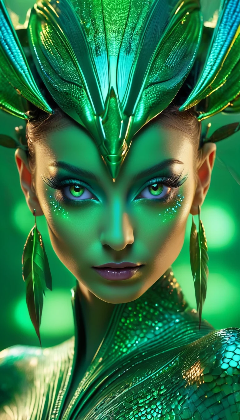 (best quality,4k,8k,highres,masterpiece:1.2),ultra-detailed,(photorealistic,photo-realistic:1.37),A beautiful female with compound eyes that look like the eyes of a praying mantis,futuristic,hi-tech,natural-looking skin,emerald-green compound eyes,exquisite,detailed face features,piercing eyes,long eyelashes and sharp angles,sculptural facial structure,innovative fashion style,metallic,shimmering make-up,glowing eyeliner,ornate futuristic jewelry,elaborate headpiece,feathers and metallic elements,ethereal background with floating holographic particles,controlled lighting with soft highlights,bluish-green color scheme,otherworldly atmosphere.