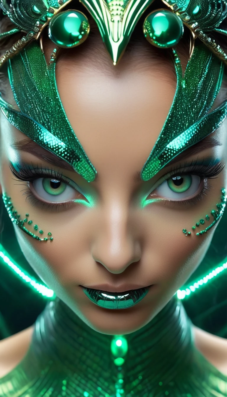 (best quality,4k,8k,highres,masterpiece:1.2),ultra-detailed,(photorealistic,photo-realistic:1.37),A beautiful female with compound eyes that look like the eyes of a praying mantis,futuristic,hi-tech,natural-looking skin,emerald-green compound eyes,exquisite,detailed face features,piercing eyes,long eyelashes and sharp angles,sculptural facial structure,innovative fashion style,metallic,shimmering make-up,glowing eyeliner,ornate futuristic jewelry,elaborate headpiece,feathers and metallic elements,ethereal background with floating holographic particles,controlled lighting with soft highlights,bluish-green color scheme,otherworldly atmosphere.