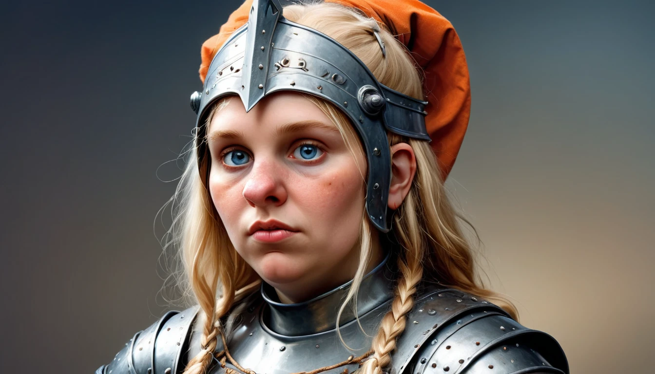 Highly detailed, UHD, 32k, medieval fantasy, heavy metal magazine cover, oil on canvas. a 21 years old blond human female chubby villager, she is not beautiful, her face is dull and plain, she is clad in a bluish metal shining plate armor, on her head she is wearing a blackish metal helmet with orange accents, and in her right hand she is holding a magical staff. At the top of the staff there is a m