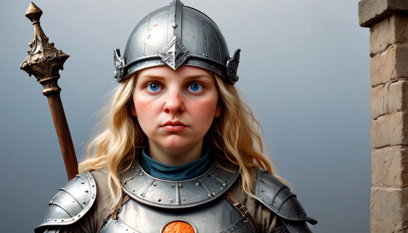 Highly detailed, UHD, 32k, medieval fantasy, heavy metal magazine cover, oil on canvas. a 21 years old blond human female chubby villager, she is not beautiful, her face is dull and plain, she is clad in a bluish metal shining plate armor, on her head she is wearing a blackish metal helmet with orange accents, and in her right hand she is holding a magical staff. At the top of the staff there is a m