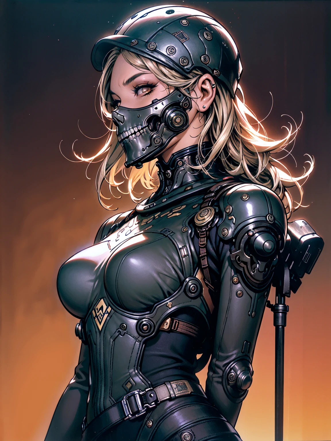 Une fille crâne très détaillée et réaliste,( globes oculaires. Taylor Alegria) personnage cyberpunk, furieux mad max, robot à une main, bras de cyborg, casque cyberpunk, thème heavy rock métal dramatique, meilleure qualité, 8k, hyper réaliste, photoréaliste, peinture extrêmement détaillée, éclairage de studio, de couleur vive, ambiance sombre et maussade, Cinématique, pose dramatique, détails mécaniques complexes, Effets énergétiques brillants, textures sableuses intenses, Intégration transparente d&#39;éléments organiques et inorganiques. Porter les vêtements usés d&#39;un déserteur. fonds: Un désert apocalyptique. Poussiéreux et déprimant.