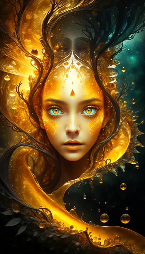 fracolor  in the depths of the amber, a dark and mysterious world unfolds, where a surreal girl with eyes of liquid gold wanders...