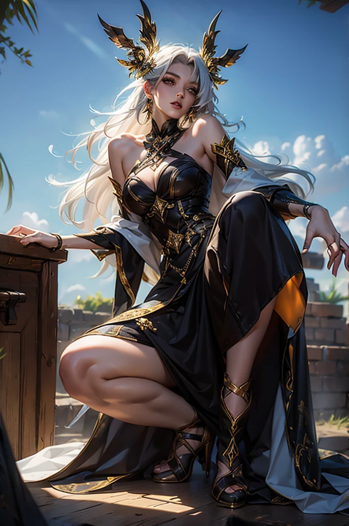 ((Highest quality)), ((masterpiece)), (detailed), One girl,Silver Hair,Long Hair，Dark Skin,Wearing a black sleeveless dress，Wear black high heels，Squatting pose on top of a chimney,Morning sky，cloud，fallen Angel，Look away