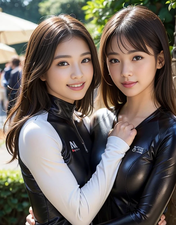 (1 girl)、highest quality、masterpiece、超A high resolution、(Photoreal:1.4)、Raw photo、1 girl、Wet Hair、hot、Sweat、(Wear skin-tight leather racing suits)、female rider、Long sleeve,、Leather Racing Gloves、Portraiture、Shadow、Octane Rendering、8k、Ultra Sharp、Metal、Intricate decorative detailore about Japan、Very intricate detail、Realistic Light、(smile)、Shining Eyes、To the camera、Small LED、close