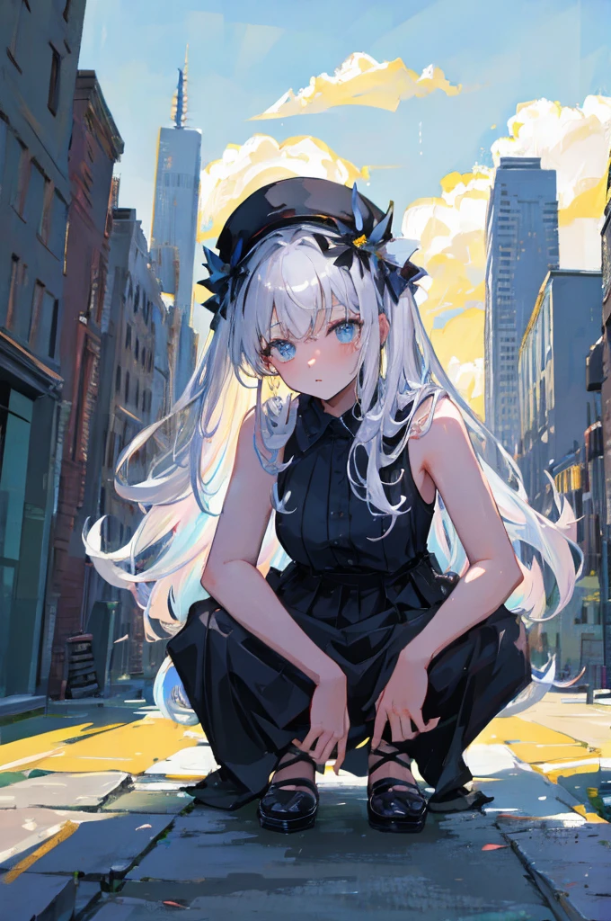 ((Highest quality)), ((masterpiece)), (detailed), One girl,Silver Hair,Long Hair，Dark Skin,Wearing a black sleeveless dress，Wear black high heels，Squatting pose on top of a chimney,Morning sky，cloud，fallen Angel，Look away