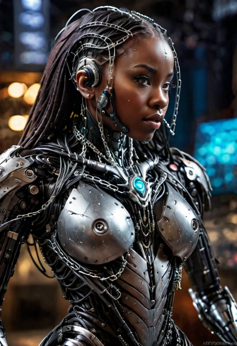 armor, black girl, black woman, a girl with wires on her face and body, indoors, dark room, cyborg, cyberpunk, antipodeans, night, depth of field, from behind, masterpiece, best quality, 4k, 8k, highres, ultra-detailed, photorealistic, photo-realistic, HDR, UHD, studio lighting, ultra-fine painting, sharp focus, physically-based rendering, extreme detail description, professional, vivid colors, bokeh, ((( black woman of stunning beauty))) androind woman, metal head, metal brain, wires, circuits, a black woman of stunning beauty, long black hair with neon lights, half head brain with wires, metal head, head intricately designed androids full of wires and circuits, immersed in her own digital world, upper body, single focus, biopunk style, organic cybernetic attire, bioengineered elements, (biotech aesthetics: 1.4), (genetic enhancements: 1.3), bioengineered features, biopunk aura, [depth of field, ambient lighting, biopunk look foreground, bioenhanced appearance], Biopunk Sci-Fi, genetic engineering, bioenhanced world, (living tech), (genetically modified traits: 1.2), intricate details, enhanced lighting.