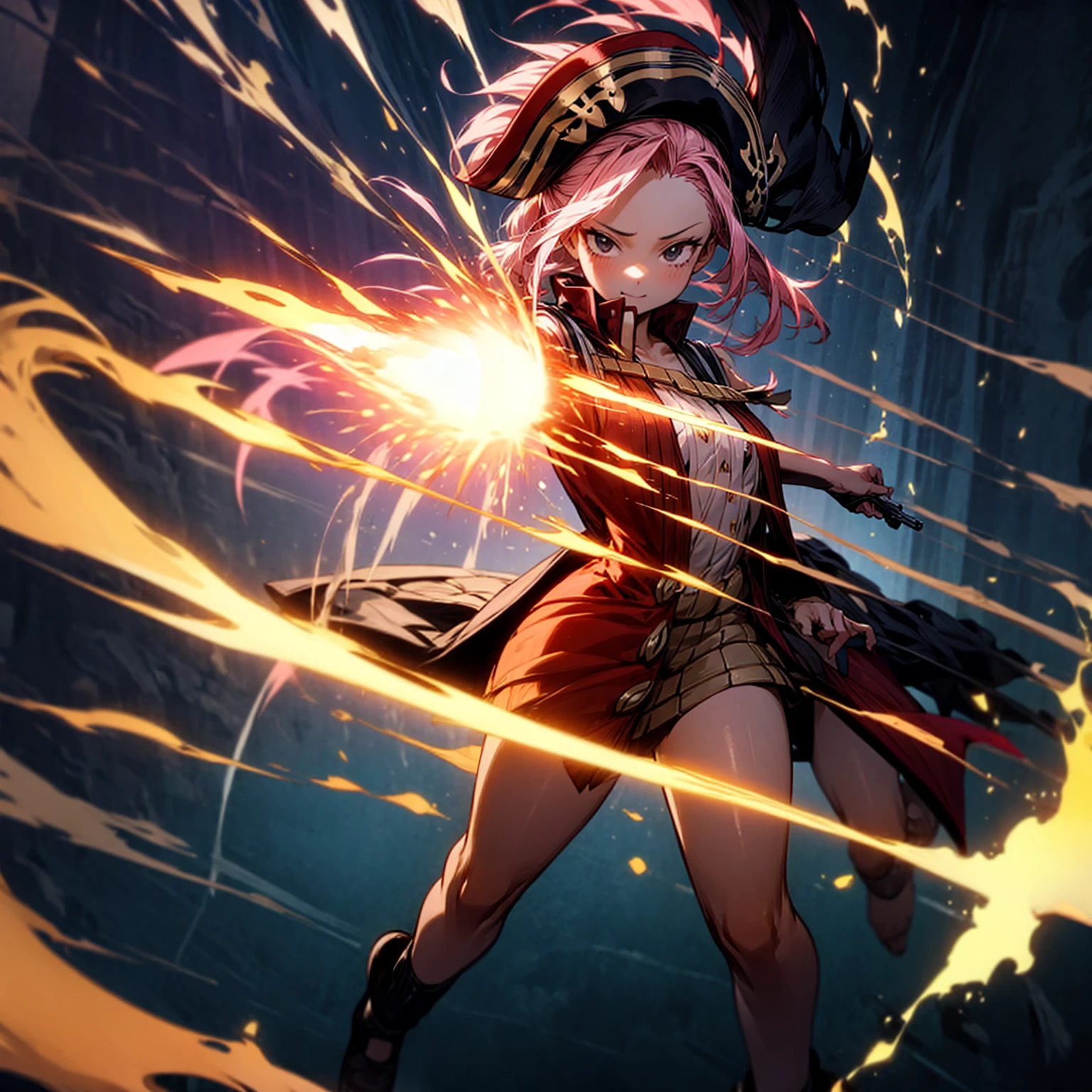 1girl, Full body version, 1character, girl version, black eyes, long Curly haircut, pink colour hair, ancient pirate style clothing, red colour clothing, Grassroots, background in the ship, motion blur, (pokemon style), standing gesture, pirate hat, motion blur, plasma effect, lighting revolver, fire revolver, fire, smoke revolver, smoke effect, aura effect, lighting, high angle view 