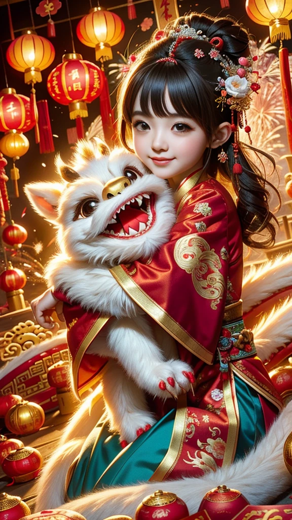 1 girl hugging cute little chinese dragon, ancient chinese little princess, chinese baby dragon, cute, festive, chinese lunar new year, firecrackers, fireworks