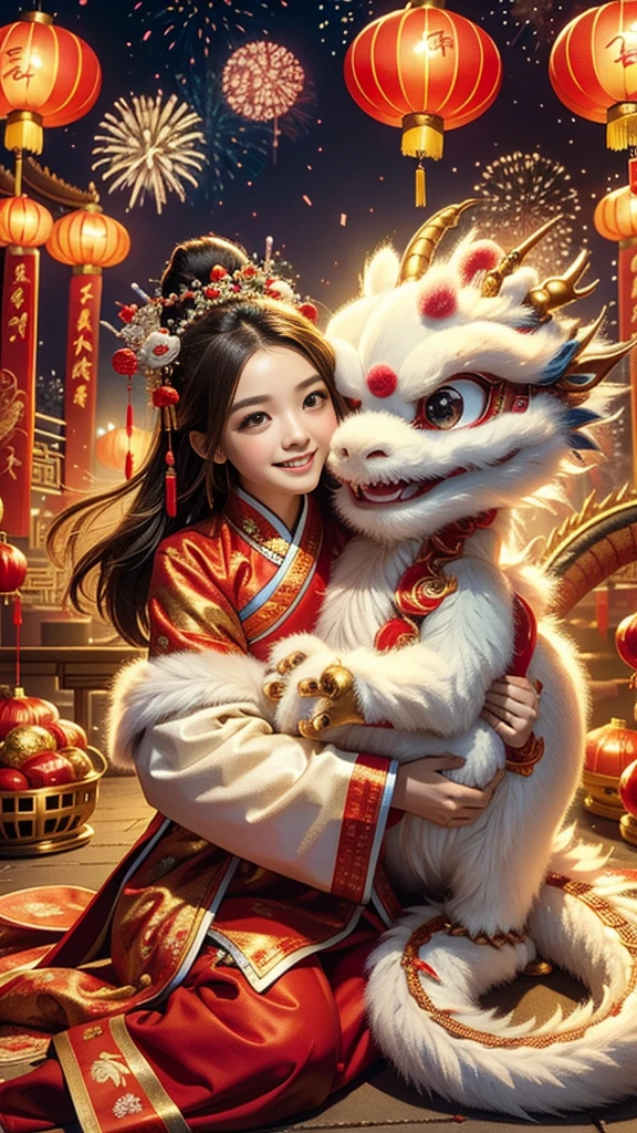 1 girl hugging cute little chinese dragon, ancient chinese little princess, chinese baby dragon, cute, festive, chinese lunar new year, firecrackers, fireworks