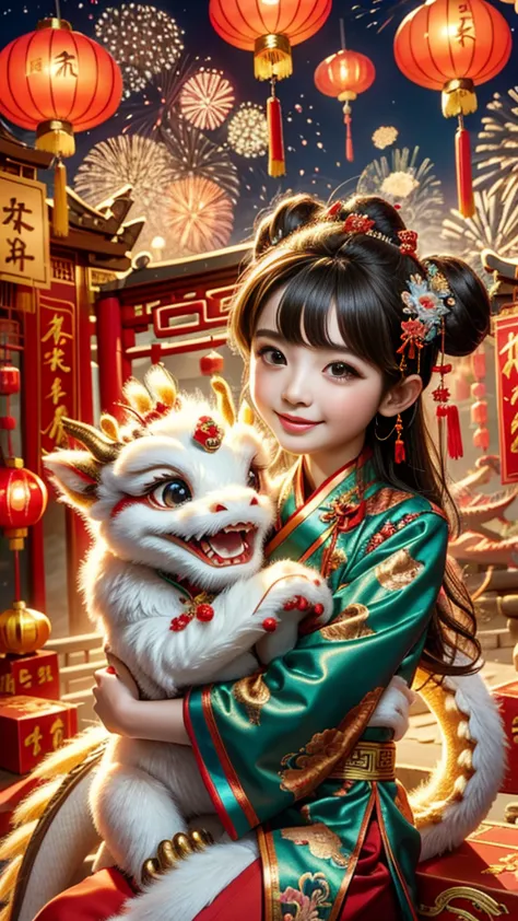 1 girl hugging cute little chinese dragon, ancient chinese little princess, chinese baby dragon, cute, festive, chinese lunar ne...