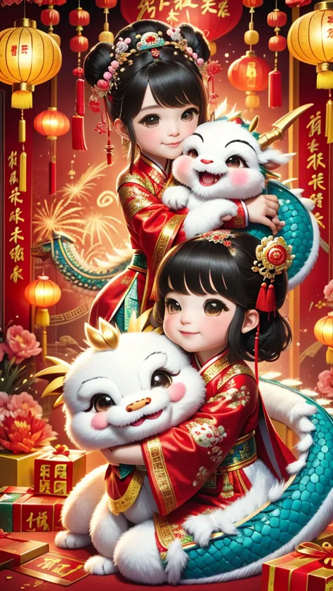 1 girl hugging cute little chinese dragon, ancient chinese little princess, chinese baby dragon, cute, festive, chinese lunar ne...