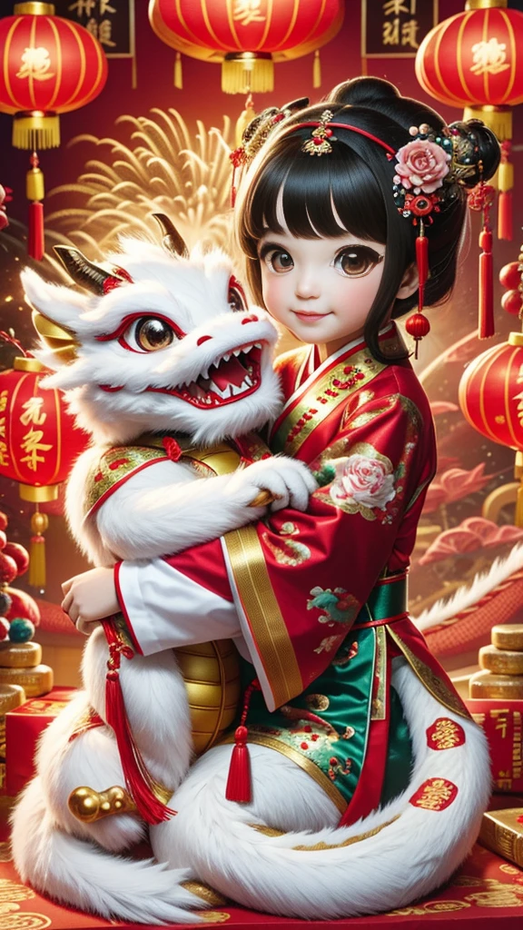 1 girl hugging cute little chinese dragon, ancient chinese little princess, chinese baby dragon, cute, festive, chinese lunar new year, firecrackers, fireworks