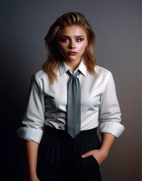 chloegracemoretz, (art by grandma moses:1.1) , large full-body shot woman standing in a college, extraordinary trendy hair, spec...