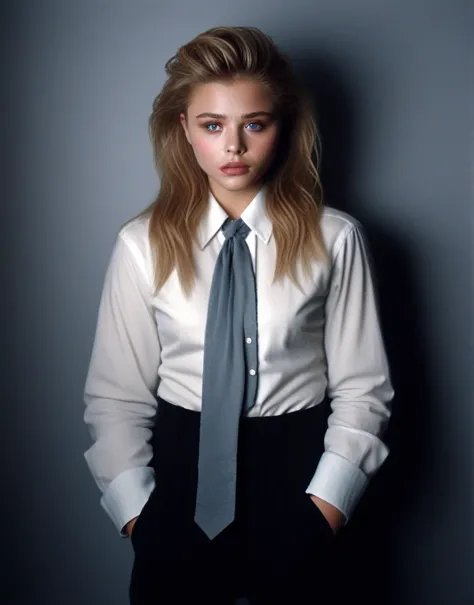 chloegracemoretz, (art by grandma moses:1.1) , large full-body shot woman standing in a college, extraordinary trendy hair, spec...