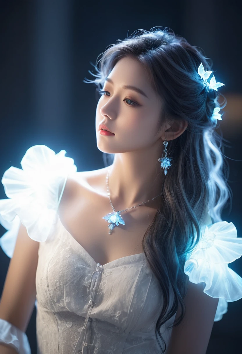 ((jewel_light element)), (Translucent luminous body_wearing a white frilly blouse), (girl made of light: 1.2, Luminous hair_light long wavy hair), (minimalism: 0.5), (Upper body front close-up angle: 1.3), 4K, HDR, acid graphics, fantasy work, [Detailed and vivid faces: 0.33], (White translucent glowing body and hair: 1.3), Silhouette outline and glowing beautiful woman, Understated elegance is revealed.. A calm and dignified atmosphere provides a subtle sense of luxury... gray smooth texture, stylish pose, fluorescent, glowing tattoo, bioluminescent tattoo, glowing pattern.