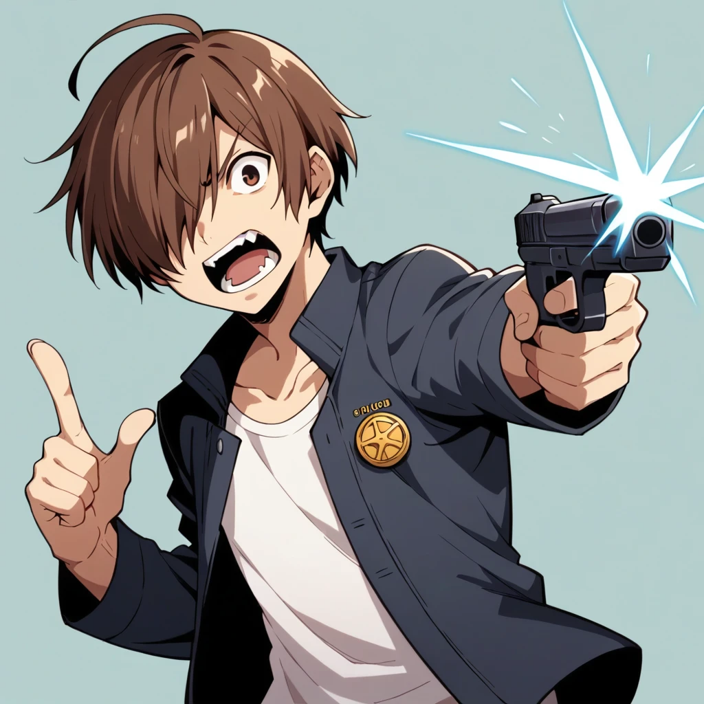 score_9, score_8_up, score_7_up,  BREAK solo, makotoyuki, yuuki makoto, 1boy, slim, Anthro furry brown wolf, brown eyes, brown hair, hair over one eye, short hair, white shirt, black jacket, gekkoukan high, holding a gun, pointing a gun to his head, yelling, surrounded by a blue aura, simple dark grey background 