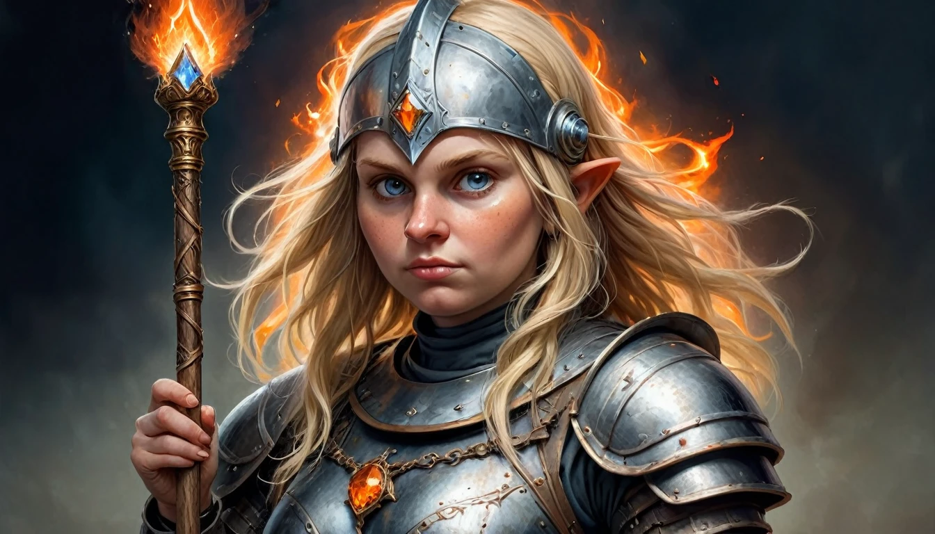 Highly detailed, UHD, 32k, medieval fantasy, heavy metal magazine cover, oil on canvas. a 21 years old blond human female chubby villager, she is not beautiful, her face is dull and plain, she is clad in a bluish metal shining plate armor, on her head she is wearing a blackish metal helmet with orange accents, and in her right hand she is holding a magical staff. At the top of the staff there is a magical crystal that emits flames. Behind her is the army of her kingdom, ready for battle