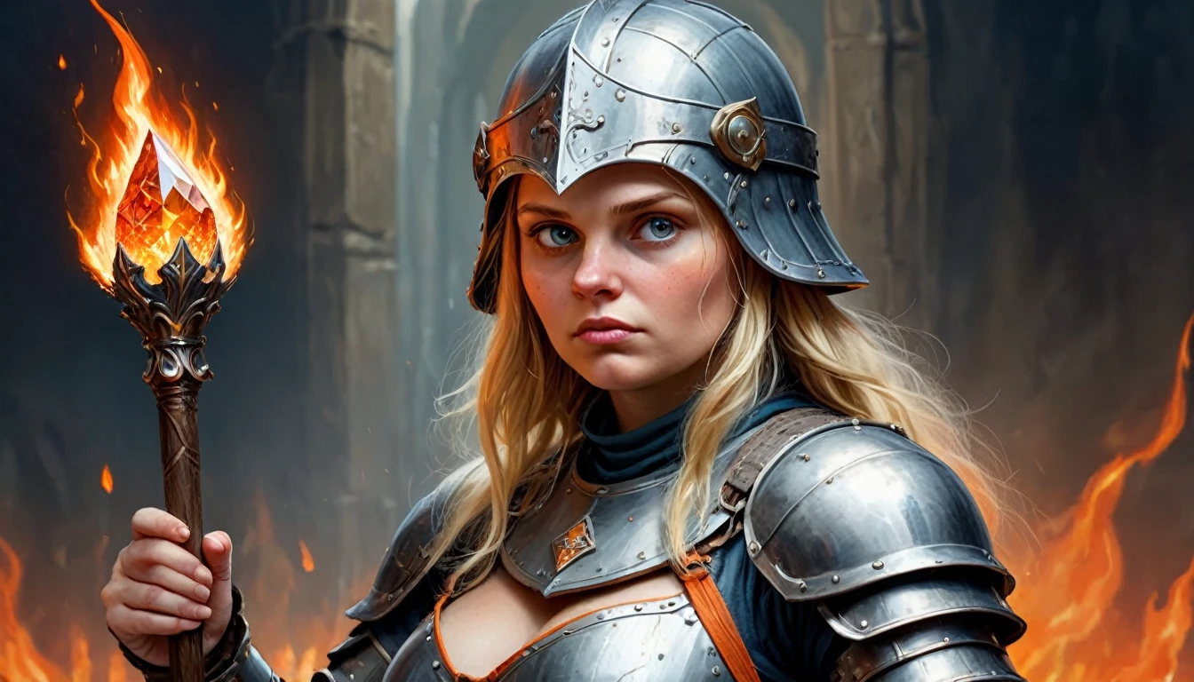 Altamente detalhado, Ultra HD, 32 mil, fantasia medieval, capa de revista heavy metal, óleo sobre tela. uma mulher humana loira gordinha de 2 aldeãs, Ela não é bonita, Seu rosto é opaco e simples, ela está vestida com uma armadura de metal azulado brilhante, em sua cabeça ela está usando um capacete de metal preto com detalhes laranja, e em sua mão direita ela está segurando um cajado mágico. No topo do cajado há um cristal mágico que emite chamas. Atrás dela está o exército de seu reino, pronto para a batalha