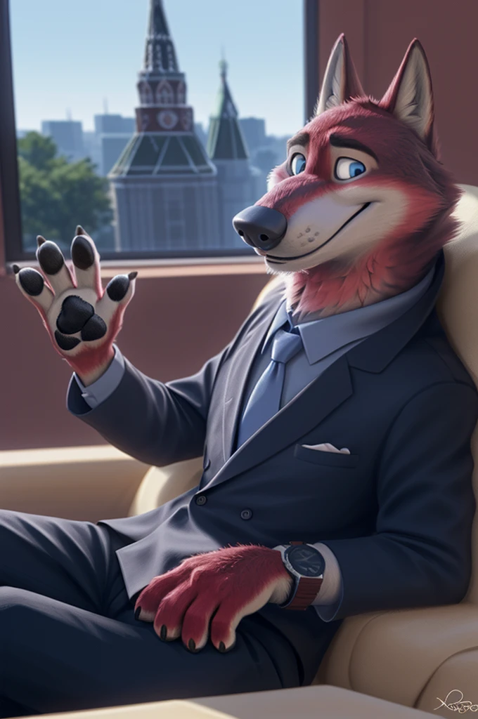 Joachim Wolfbach (Zootopia),tall handsome, wolf,young, 24 years, brown fur, hair on the head,(red body:1.3),Blue eyes, Moscow Dressed, shirt,blazer, tie,trousers,canine, wolf, detailed fur, Male, antro, paw pads, finger claws, waving, waving at viewer, 5 fingers, paws, 5 fingers, smile, happy, resting, wrist watch, т nextel, sitting at home watching TV, by xenoforge, (difficult, high detail, film photography, soft focus, RAW runs for governor, 
Photorealism, realistic, photorealistic, analog style, Subsurface scattering, 
masterpiece, Best quality, ultra realistic, 8 k)