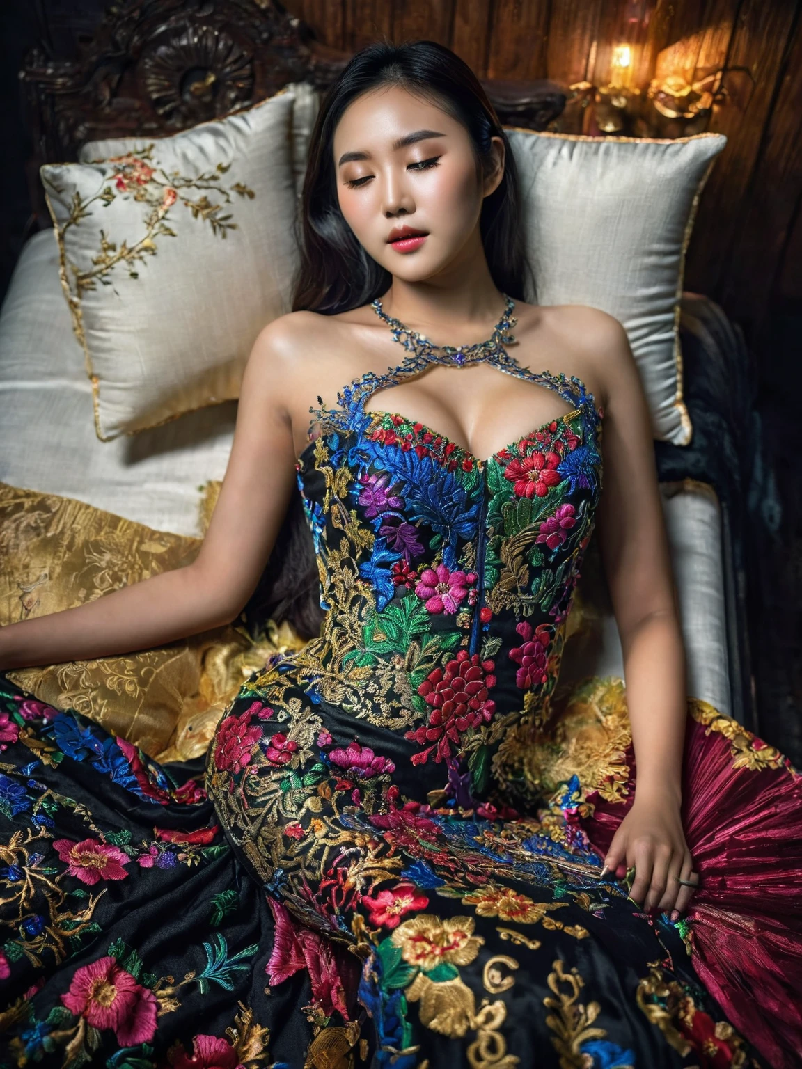 In a striking 8K HDR scene, a stunning Korean woman, 22 years old, lies peacefully in a black coffin surrounded by plush pillows. The deep box is set against a rich black background, accentuating the beauty of the subject. Her exquisite deep-V neckline kebaya attire is embroidered with superb detail, showcasing her round and firm breasts, perfect cleavage, and beautiful eyebrows. Her closed eyes and mouth give an air of serenity, while her visible and absolute cleavage leave nothing to imagination. The scene is bathed in saturated colors, highlighting every intricate aspect from the ball skirt to her clean face, straight body, detailed hand perfect hands, straight body, own hands together, own hand on stomach, detailed hands, perfect hands.