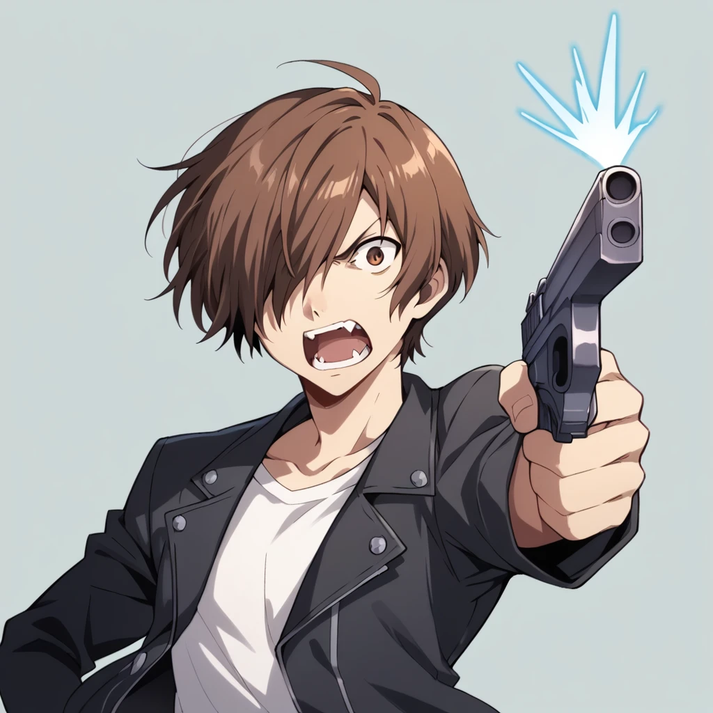 score_9, score_8_up, score_7_up,  BREAK solo, makotoyuki, yuuki makoto, 1boy, slim, Anthro furry brown wolf, brown eyes, brown hair, hair over one eye, short hair, white shirt, black jacket, gekkoukan high, holding a gun, pointing a gun to his head, yelling, surrounded by a blue aura, simple dark grey background 