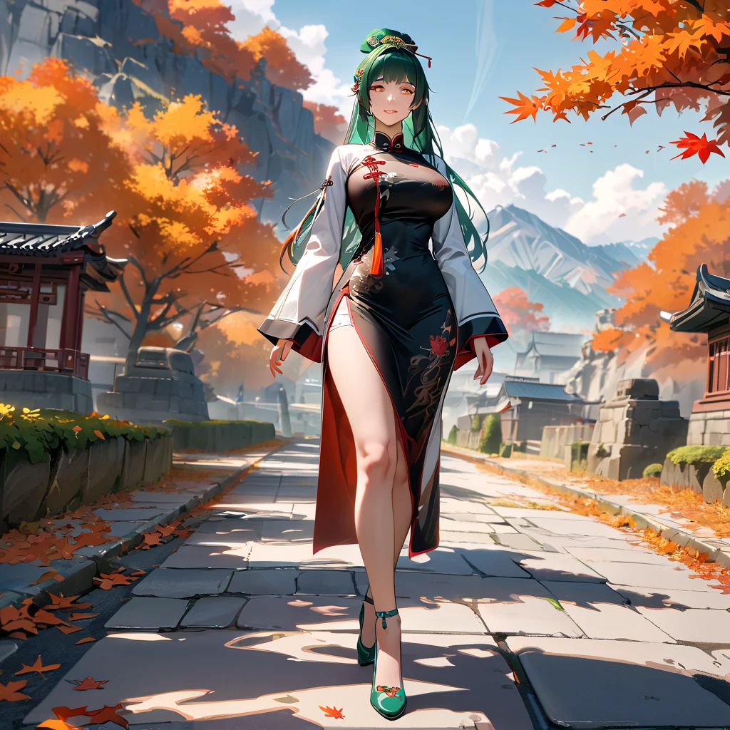 A woman wearing long-sleeved traditional Chinese dress, green hair, long hair, hair ornament in traditional Chinese aesthetic, green heels, orange eyes, walking on a concrete sidewalk, with trees in autumn aesthetic, orange leaves, background with large mountains , smiling, big breasts, daytime location,..UHD , prime work , accurate , anatomically correct , textured skin , super details , high quality , best quality, 8k, high resolution, bokeh effect. (woman solo), realistic, close view
